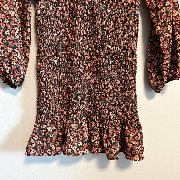 Zara Dark Floral Smocked High Neck Long Sleeve Ruffle Hem Mini Dress Size M - Picture 8 of 13